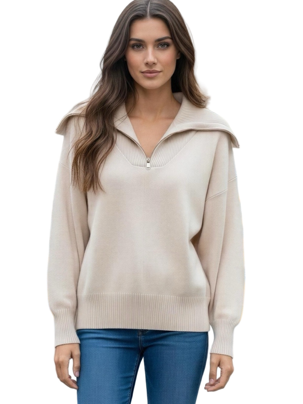 Zara Cream Chunky Knit 3/4 Zip V-Neck Sweater with Oversized Collar Size S
